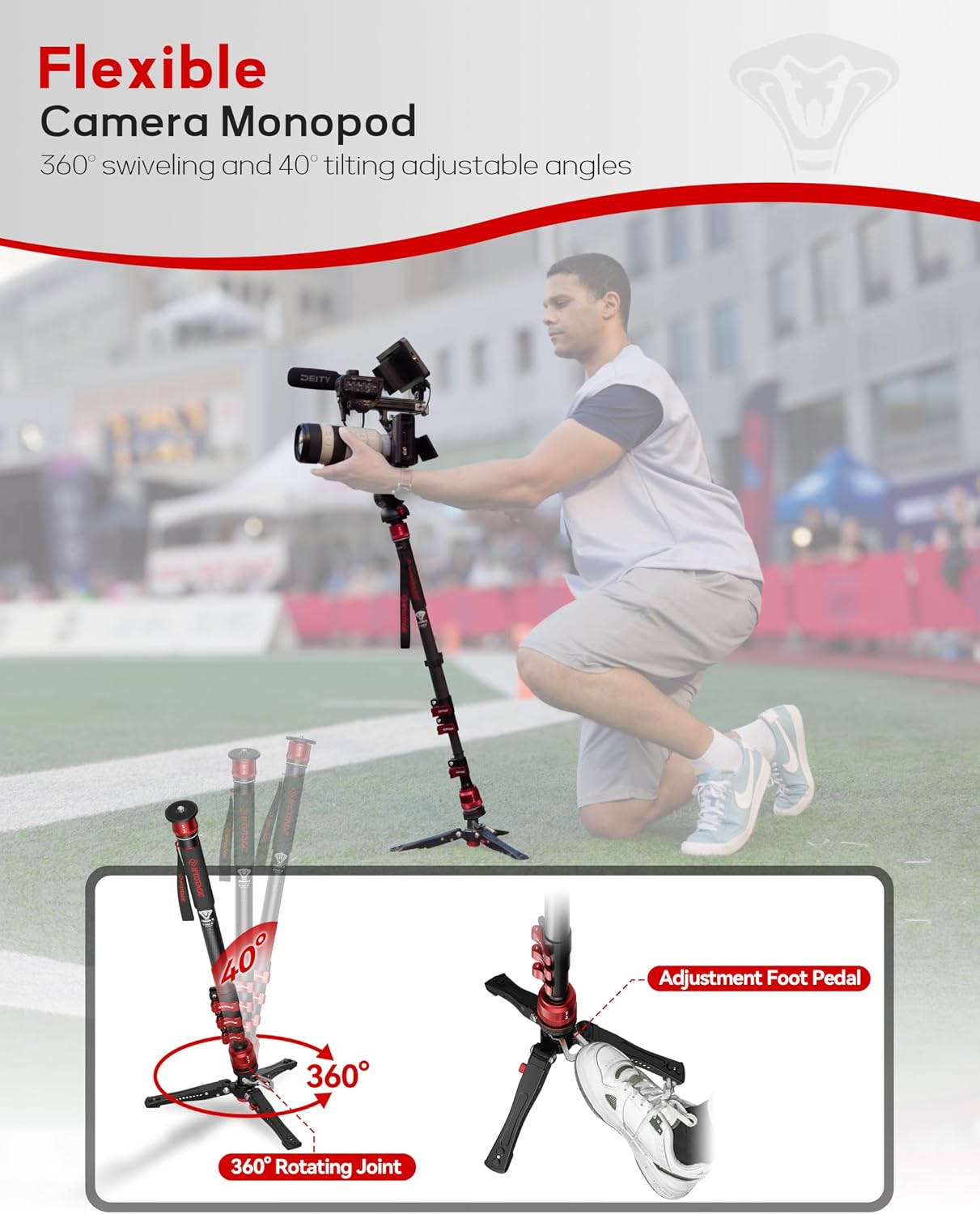 Cobra 3 C180F-P Carbon Fiber Camera Monopod 71" | Travel Monopod with Feet, 1/4" & 3/8" Quick Release Compatible with