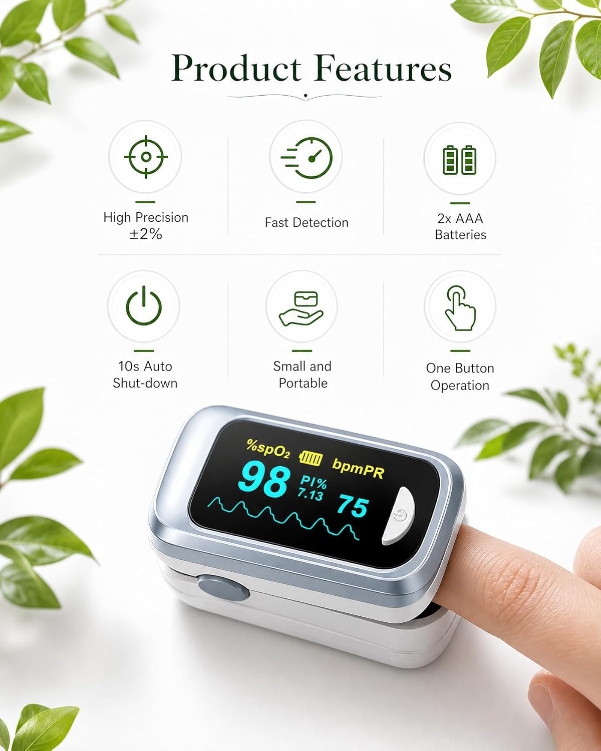 Fingertip Pulse Oximeter Blood Oxygen Saturation Monitor Pulse Ox, Heart Rate and Fast Spo2 Reading Oxygen Meter with