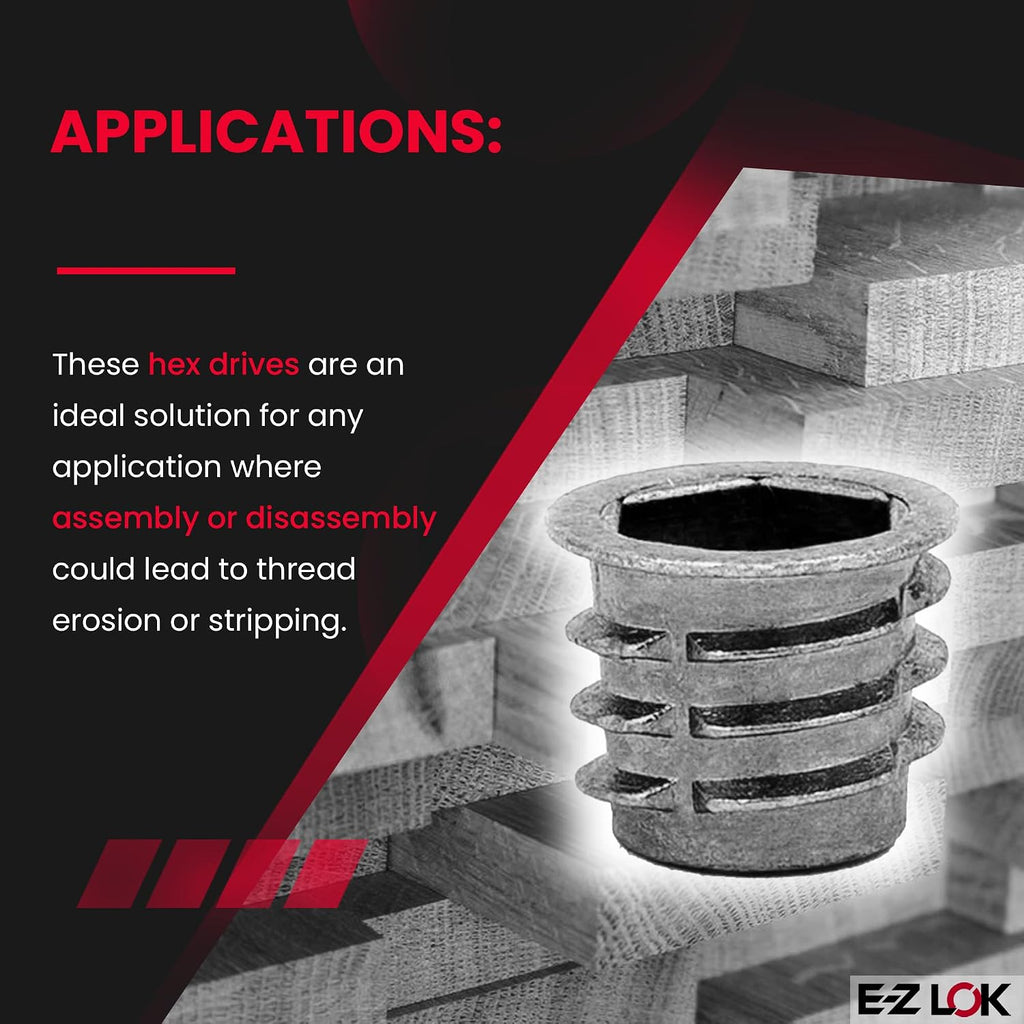 E-Z LOK Threaded Insert for Soft Wood, Zinc Hex-Flanged Thread Inserts 3/8-16 Internal Threads, 13mm Length Pack of 25
