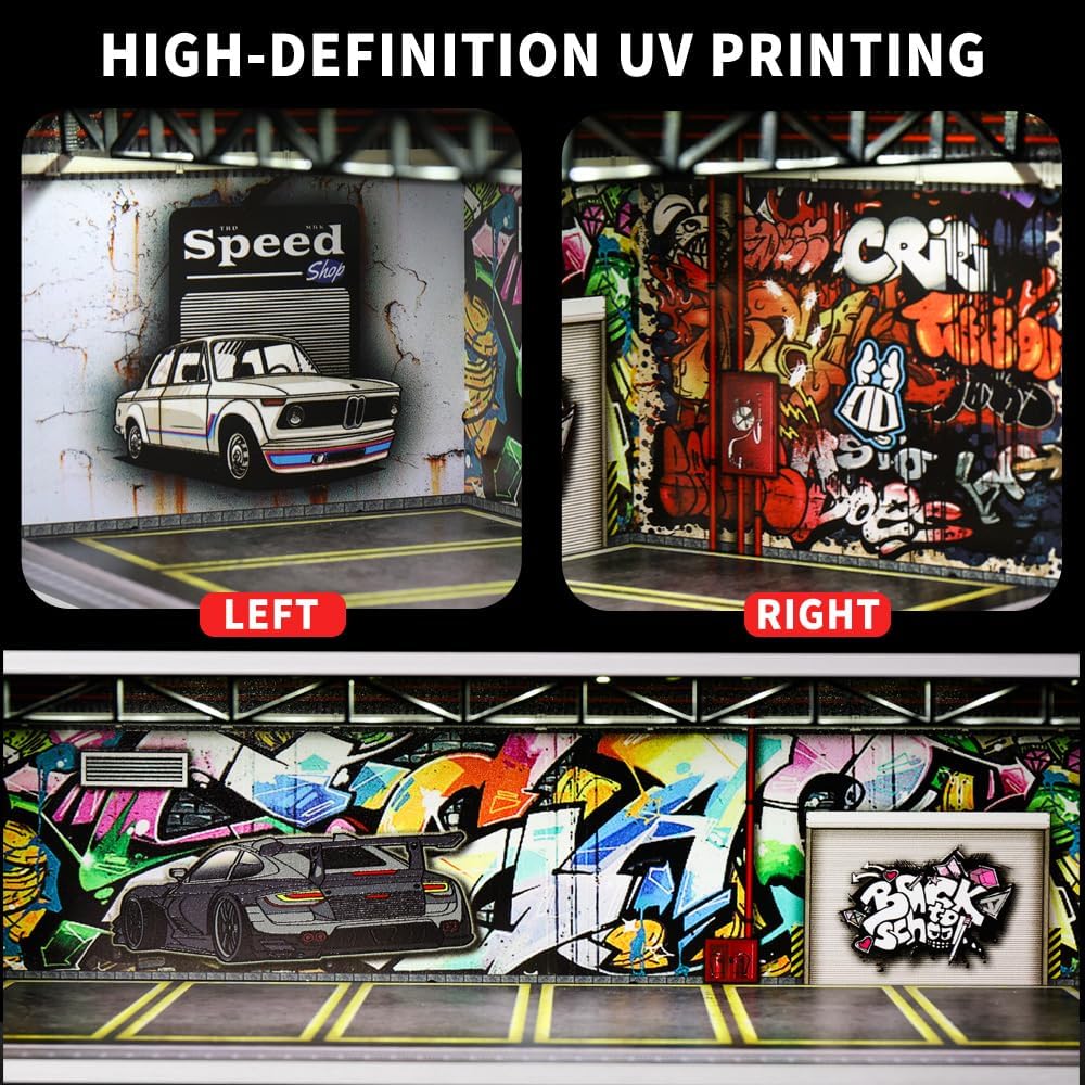 1/64 Scale Diorama Garage Display Case for Die-cast Model Cars | Acrylic Cover, Storage with 6-Space Scene Parking