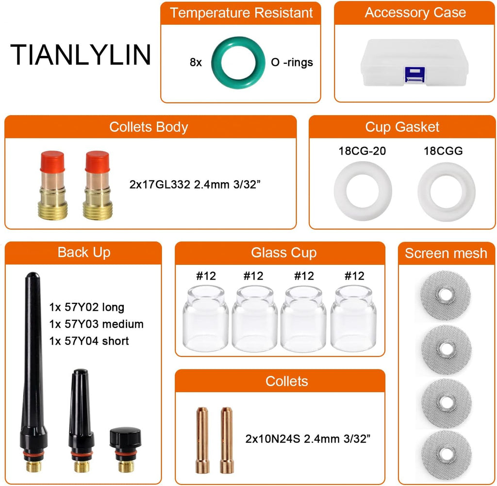 25 Pcs TIG Stubby Gas Lens 3/32" #12 Glass Cup Kit