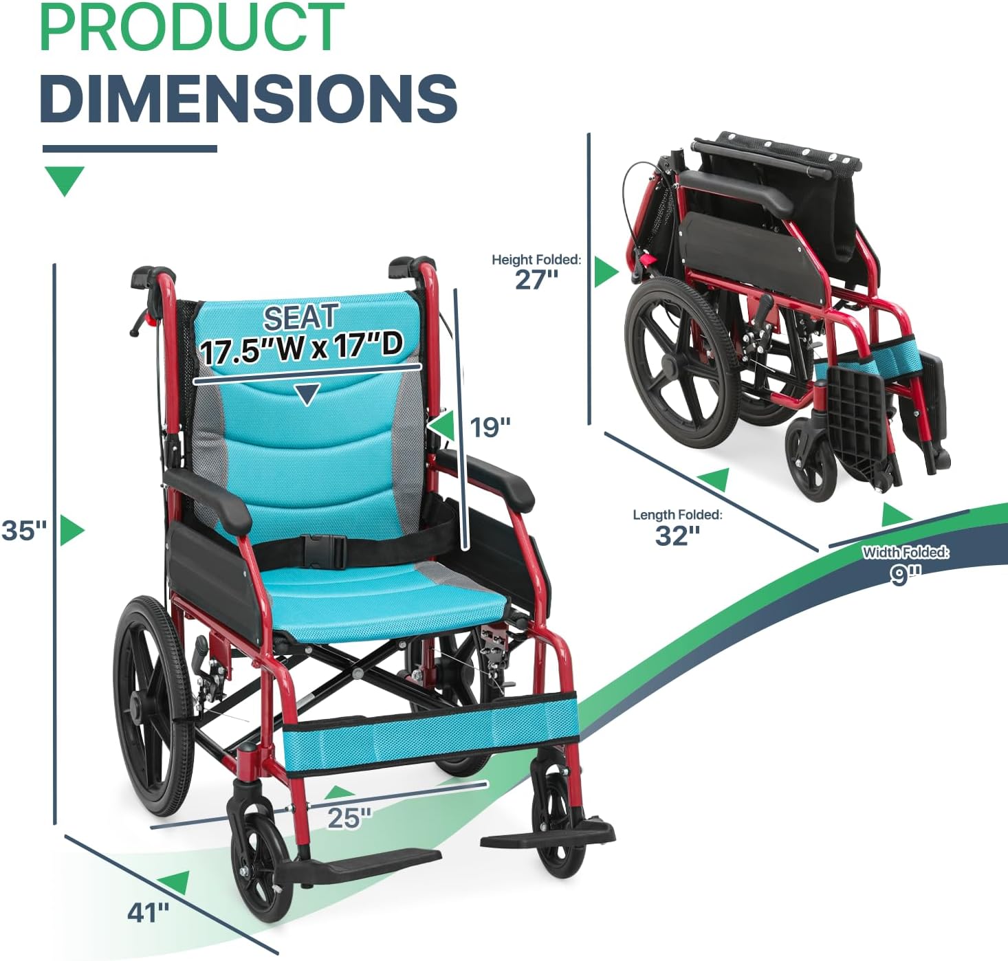 Foldable Transport Wheelchair for Adults 250 Lbs, Lightweight Transport Chair for Seniors, Portable Wheel Chair with