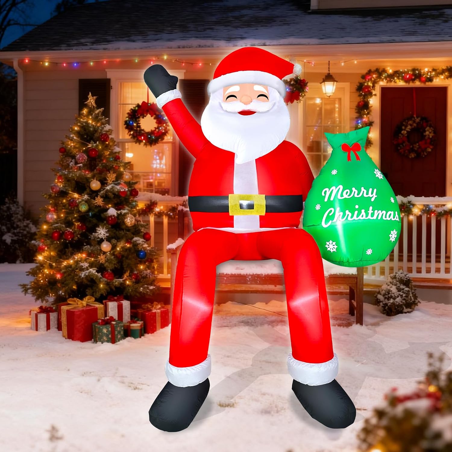 8FT Santa Claus Sitting on The Roof Christmas Inflatable Decoration with Gift Bag & Built-in LEDs, Giant Blow Up