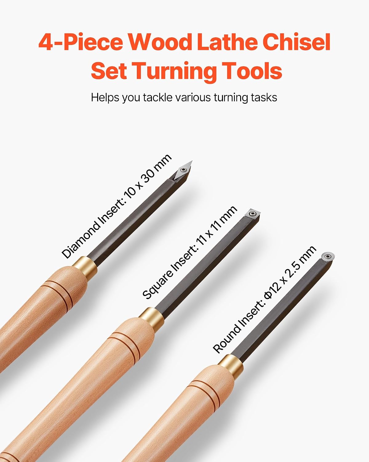 Wood Lathe Turning Tool Set, 4PCS Lathe Roughing Finishing and Detailing Hollow Tool with Wooden Handle Diamond Round