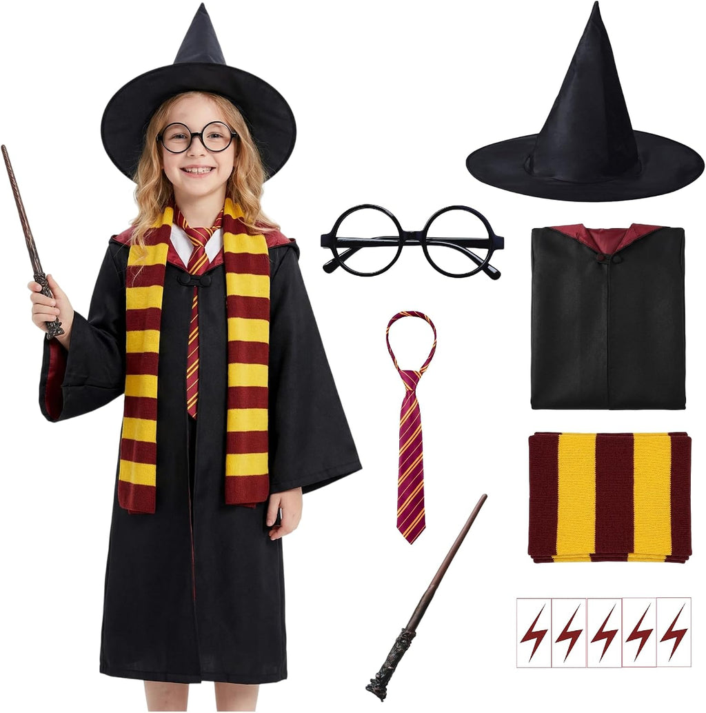 Wizard Costume for Kids 3-15, Wizard Robe Set with Wand, Tie, Scarf, Hat & Glasses, Halloween Cosplay Outfit