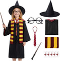Wizard Costume for Kids 3-15, Wizard Robe Set with Wand, Tie, Scarf, Hat & Glasses, Halloween Cosplay Outfit