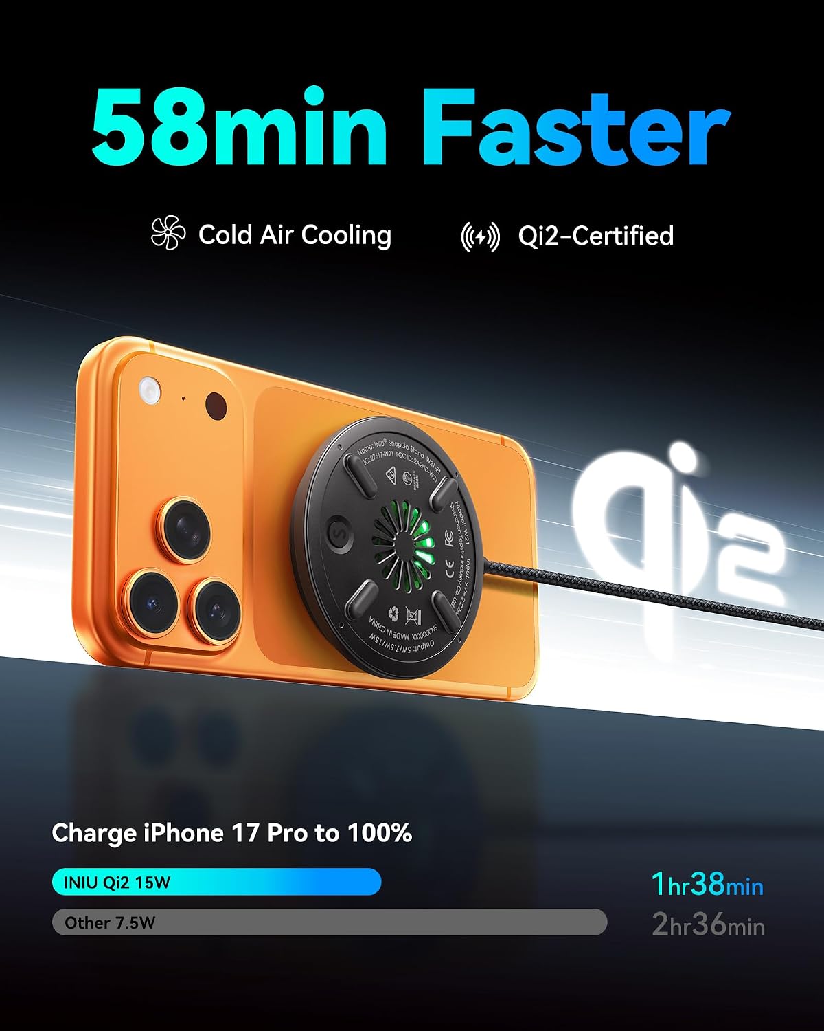 Magnetic Wireless Charger, Qi2 15W Fast Charging Pad Travel Charger | MagSafe-Compatible, Original Qi2 Certified