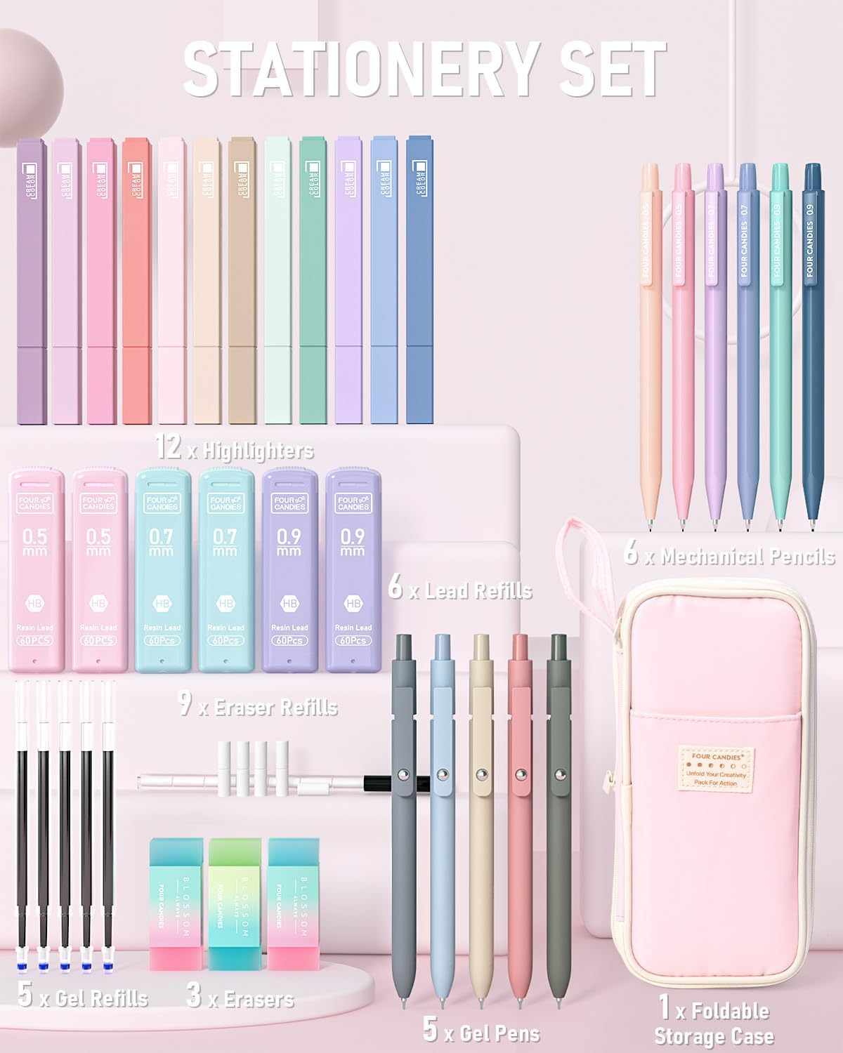 School Supplies with Cute Pen Case, 39ct, Pink | Back to School Stationery Set, Essentials for College & Nursing