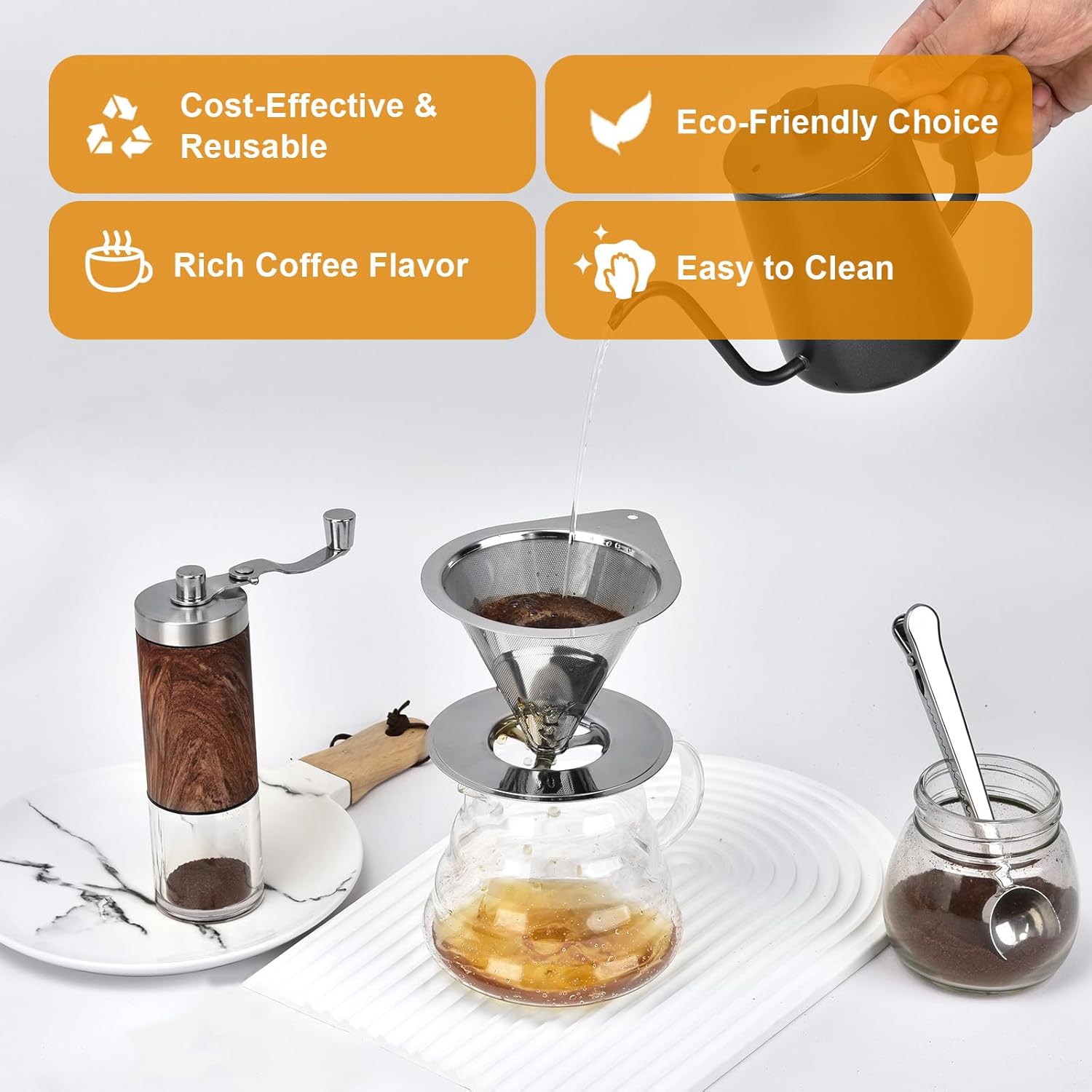 Pour Over Coffee Dripper Stainless Steel Reusable Filter Coffee Maker | Reusable Metal Cone Filter, Fine Mesh