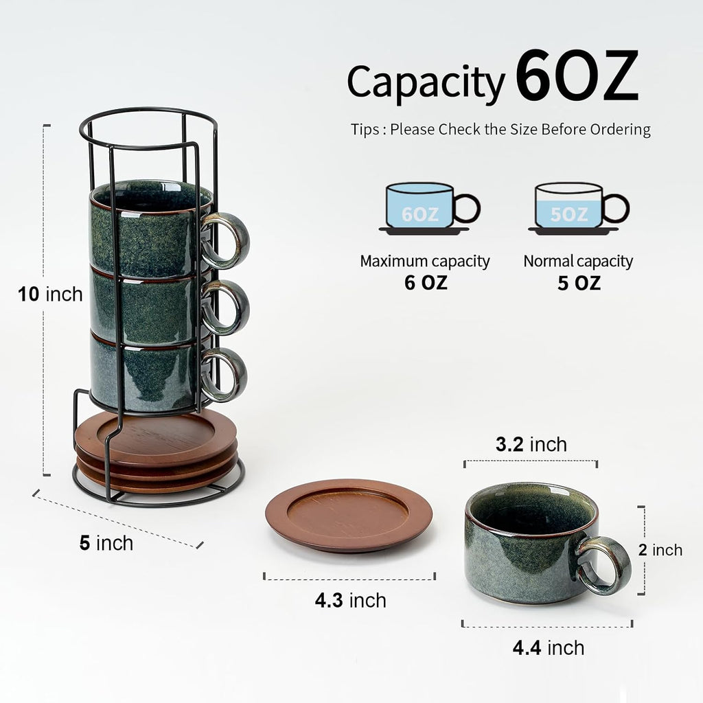6 Ounce Porcelain Stackable Espresso Cups with Saucers and Metal Stand Set of 4, Ceramic Cappuccino Cups Set for