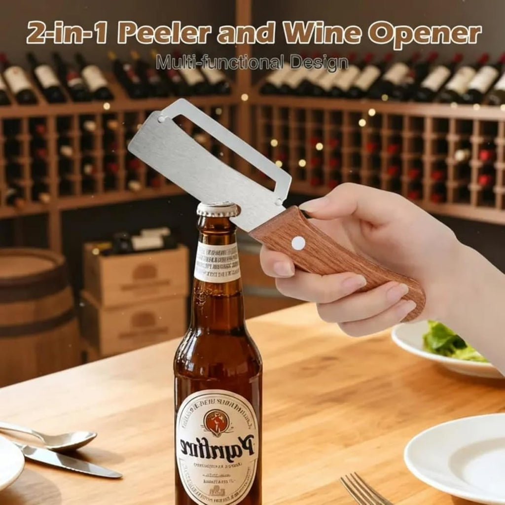 2 in 1 Fruit and Vegetable Peeler, Glide Edge Stainless Steel Vegetable Peeler with Wood Handle & Built-In Bottle