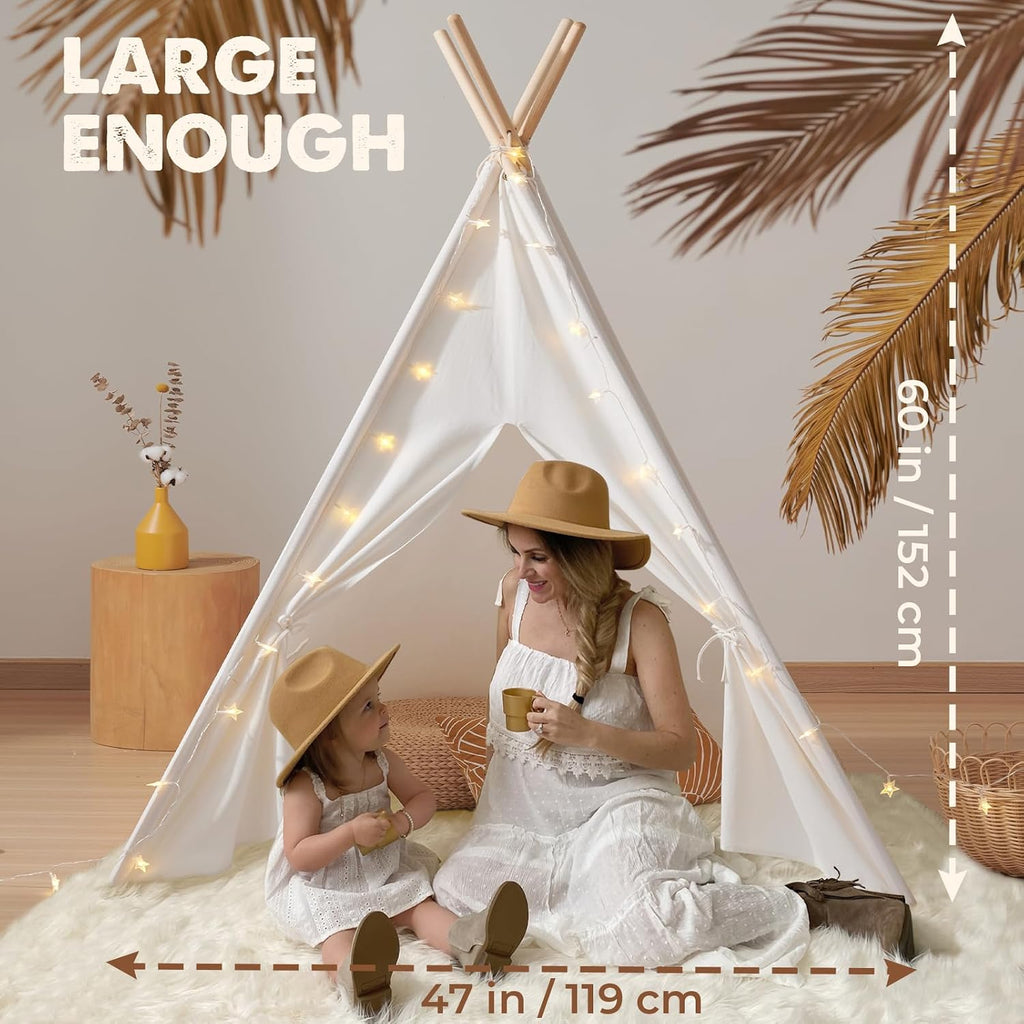 100% Cotton Canvas Teepee Tent for Kids with Mat & Star Lights | 47" × 47" × 60", Soft & Breathable Cotton Canvas