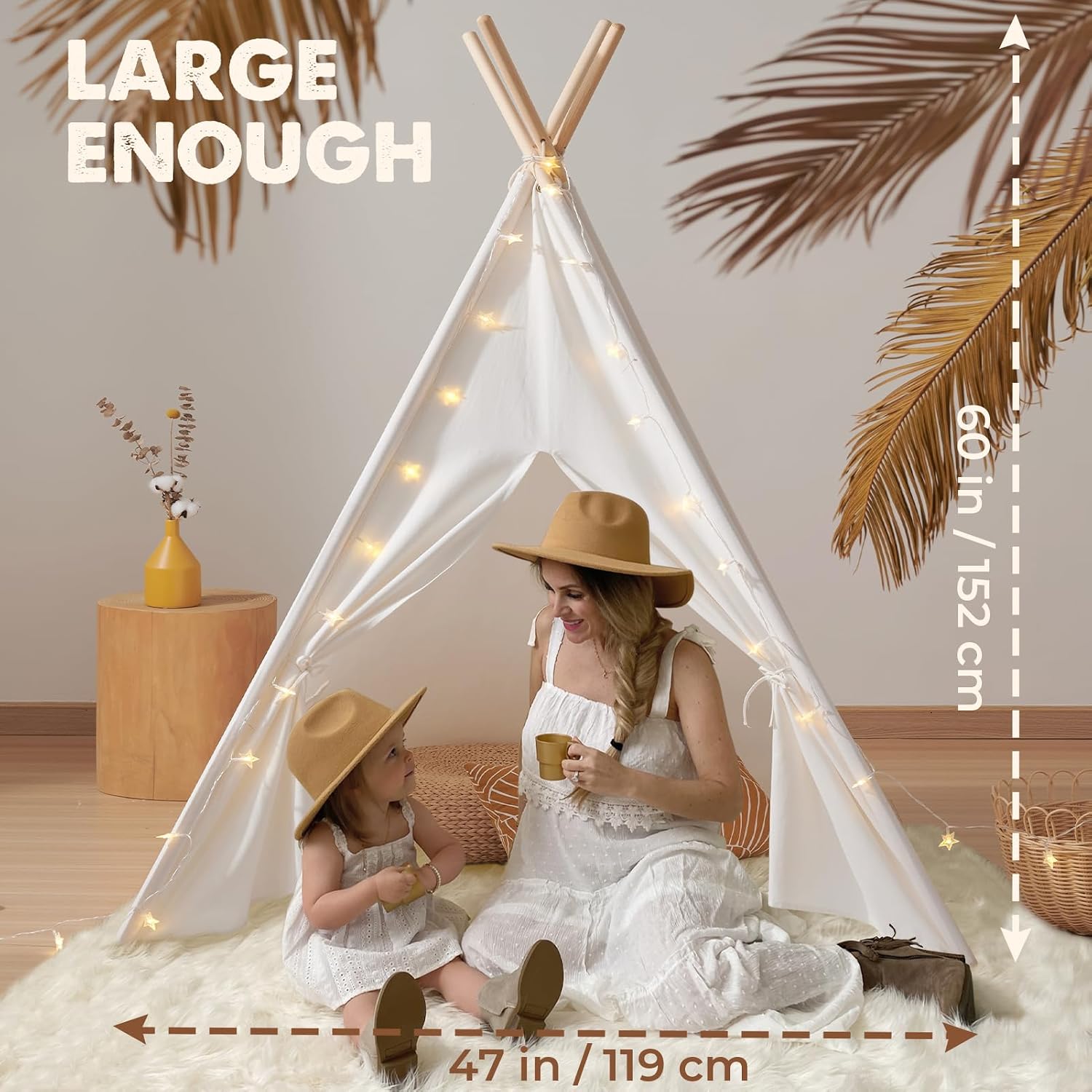 100% Cotton Canvas Teepee Tent for Kids with Mat & Star Lights | 47" × 47" × 60", Soft & Breathable Cotton Canvas
