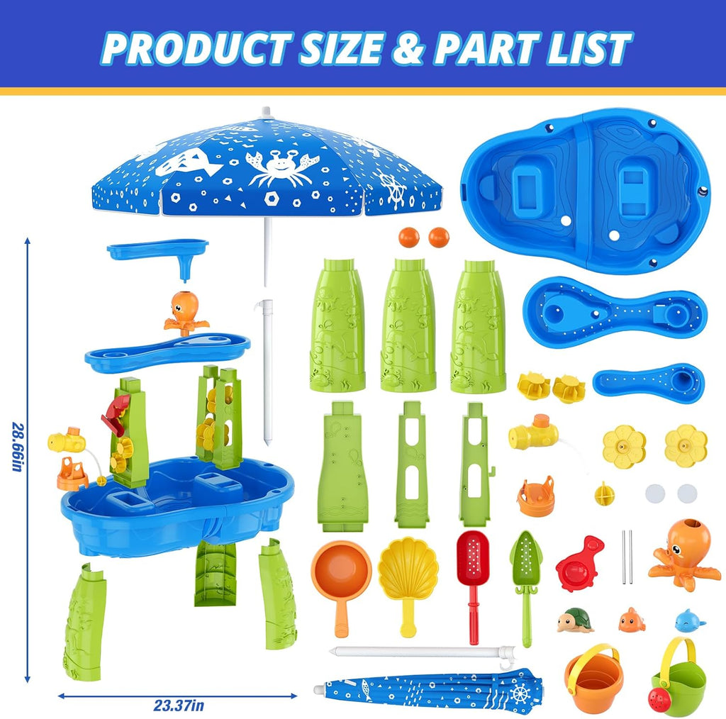 3-Tier Water Table for Toddlers, Kids Sand Water Table with Adjustable Umbrella, Sand Toys & Fishing Game, Sensory