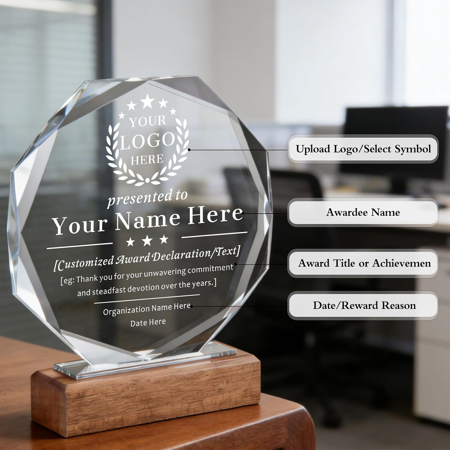 SHIP NEXT DAY, Personalized Crystal Award Trophy - Custom with Company Logo Text & Employee Name, Engraved Award for