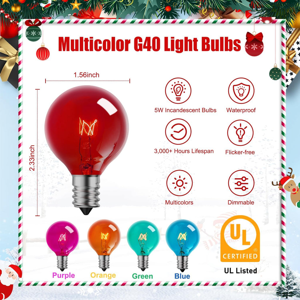 G40 Christmas Light Bulbs, 50 Pack, 5W, E12/C7 Base, Multicolor