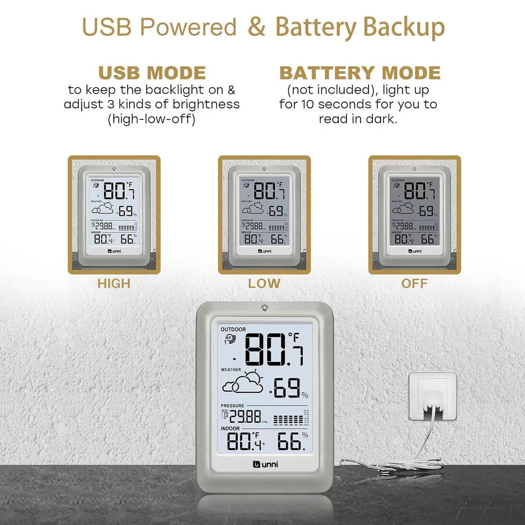 Indoor Outdoor Thermometer Wireless Weather Station 330ft Sensor | 330ft Range Sensor and Adjustable Brightness