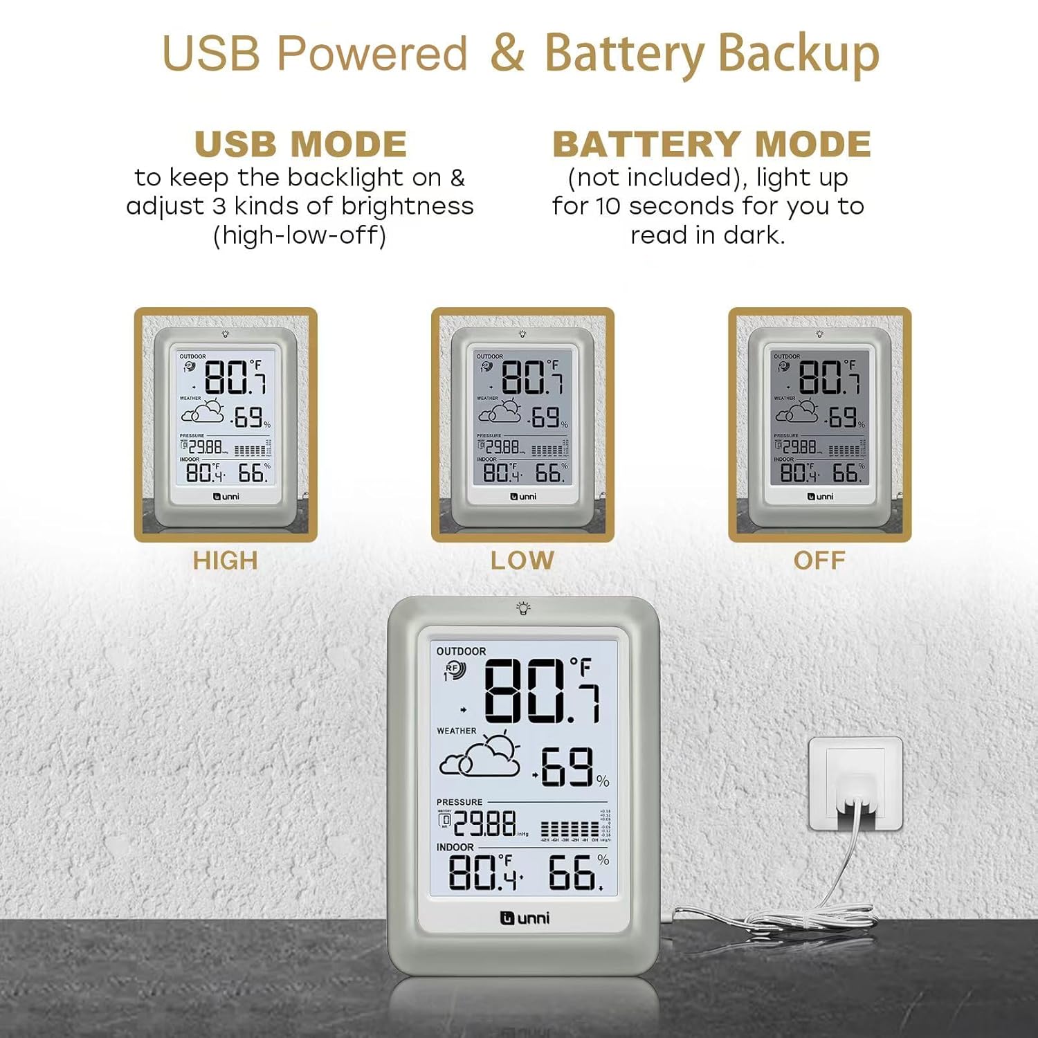 Indoor Outdoor Thermometer Wireless Weather Station 330ft Sensor | 330ft Range Sensor and Adjustable Brightness