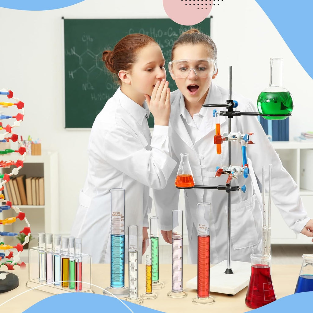6 Glass Graduated Cylinders 5-250ml with Test Tubes Rack Lab | 6 Measuring Sizes for Experiments, Includes Test Tubes