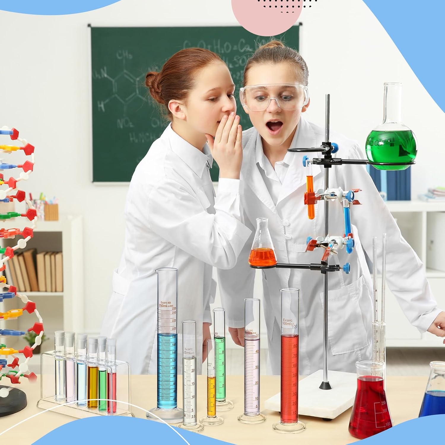 6 Glass Graduated Cylinders 5-250ml with Test Tubes Rack Lab | 6 Measuring Sizes for Experiments, Includes Test Tubes
