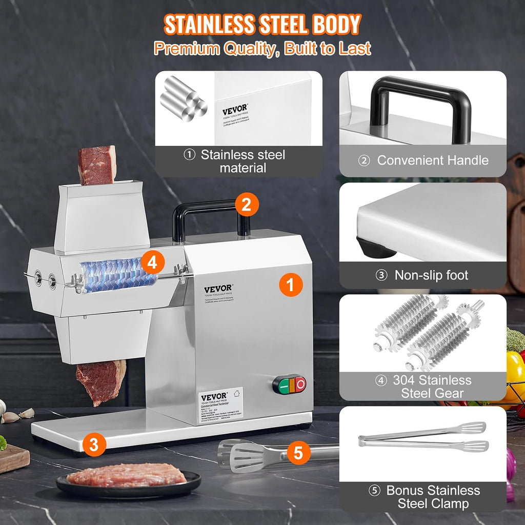 Commercial Meat Tenderizer, Heavy Duty Stainless Steel Kitchen Tool with Handle, Meat Tong, and Cleaning Brush, 450W