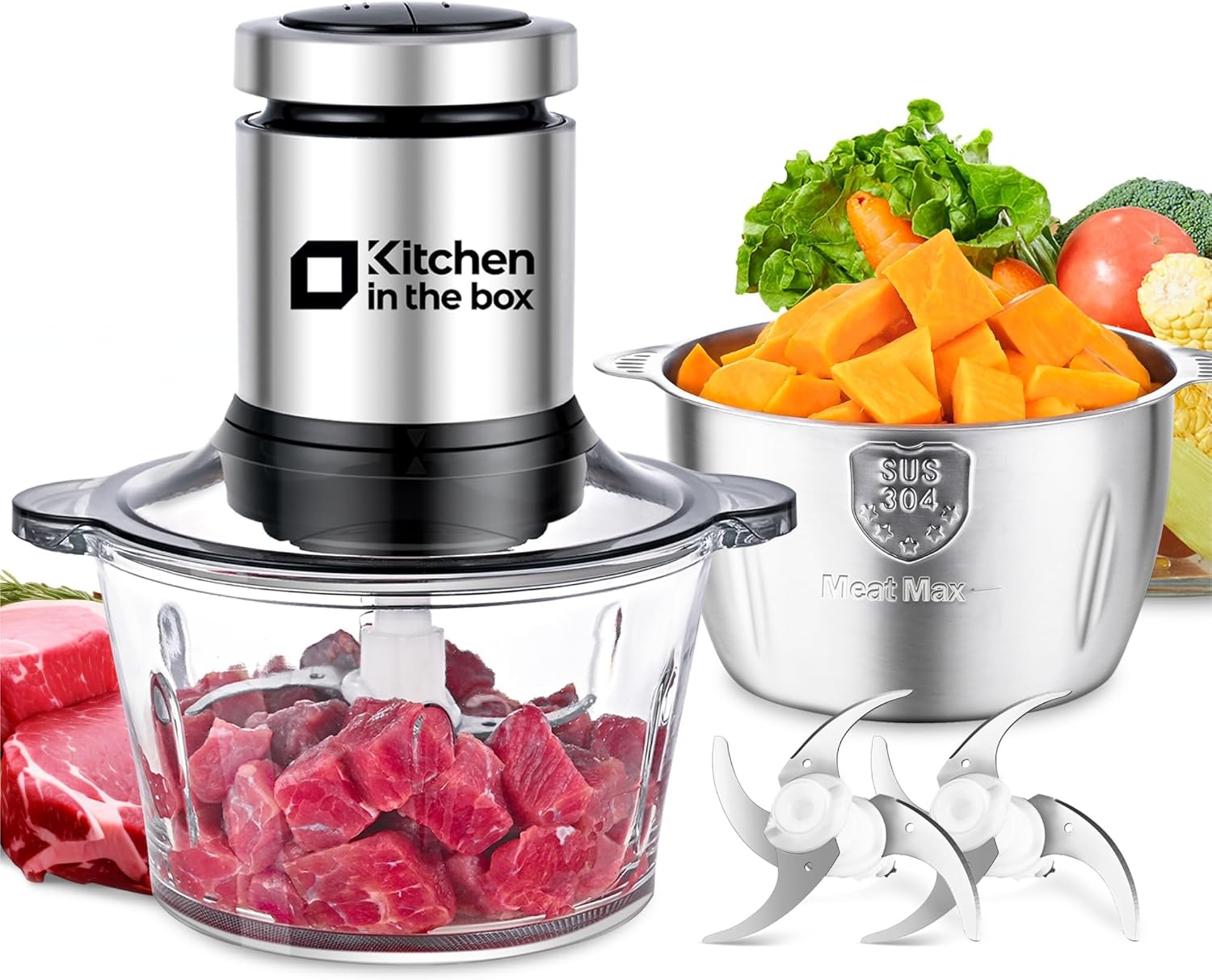 Food Processors,Small Meat Grinder & Food Chopper Electric Vegetable Chopper with 2 Bowls (8 Cup+8 Cup)& 2 Bi-Level