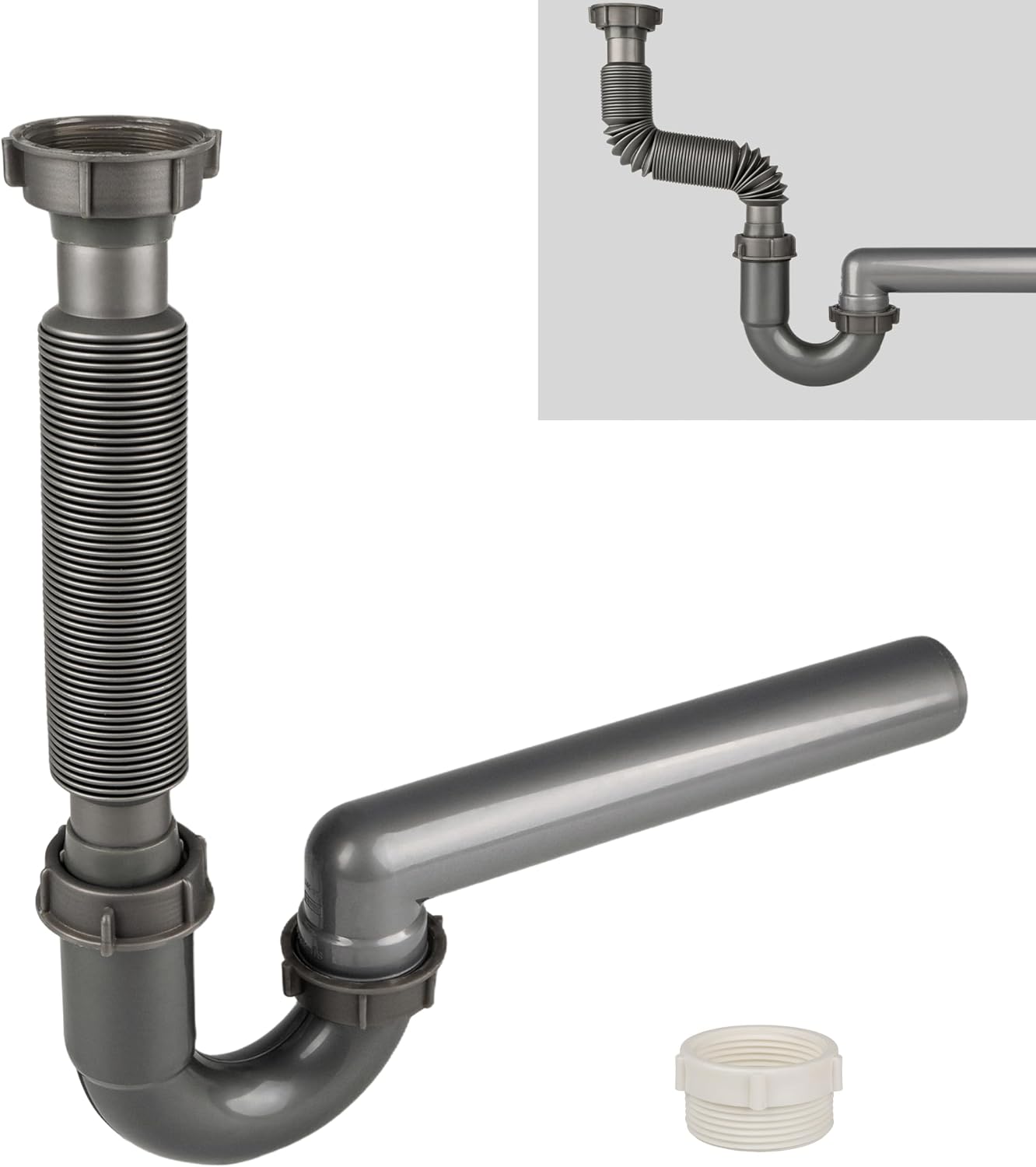 Flexible Sink Drain Kit, 1-1/2 In Expandable P-Trap For Wall Outlet | 1-1/4 In Adapter Included, Tool-Free Setup