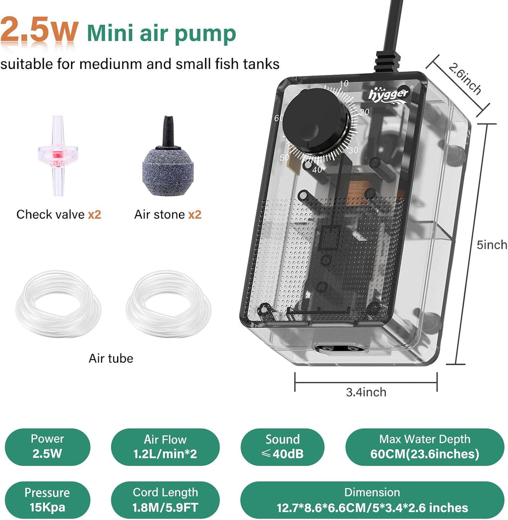 See-Through Air Pump for 60-100 Gallon Fish Tank: Adjustable Oxygen Pump,Silent Powerful Aerator Pump 2.5W 2 Air