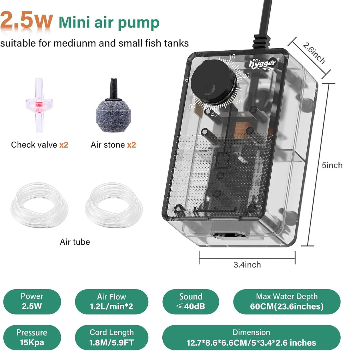 See-Through Air Pump for 60-100 Gallon Fish Tank: Adjustable Oxygen Pump,Silent Powerful Aerator Pump 2.5W 2 Air