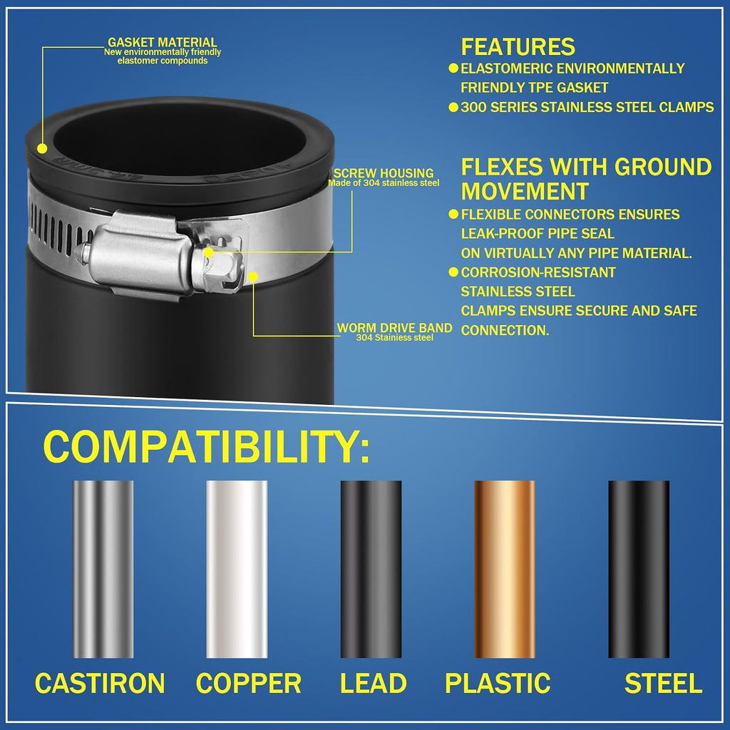 2 Pcs 1 Inch Flexible TPE Coupling with Stainless Steel Clamps