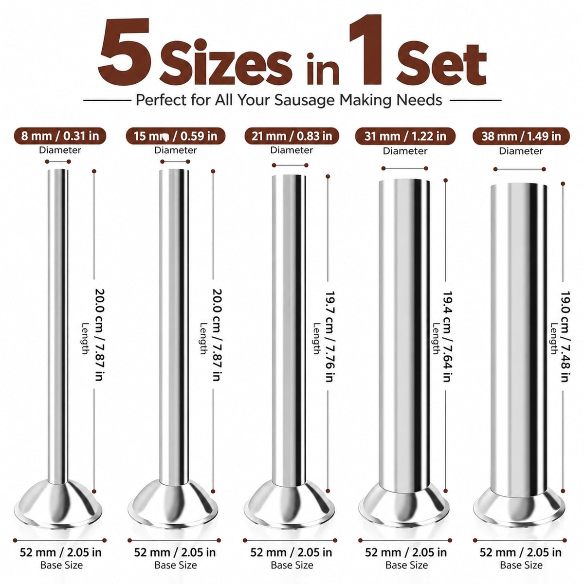 5-Size Sausage Stuffer Tubes, Stainless Steel, 52mm Base