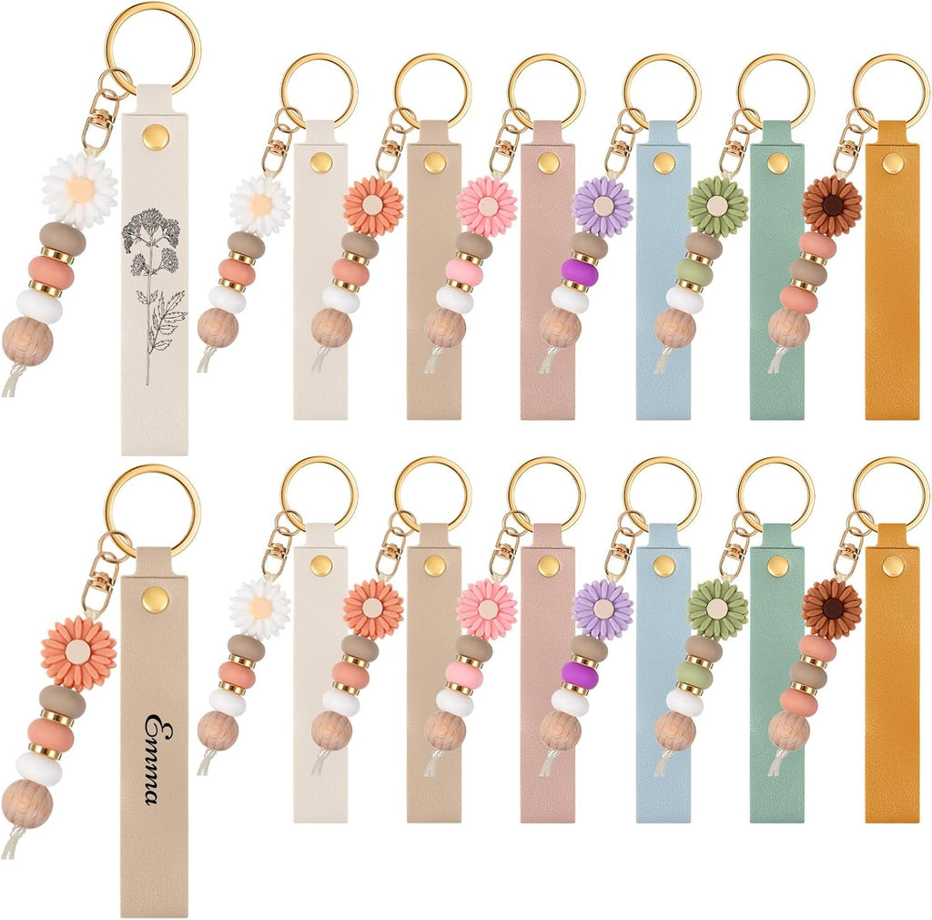 12 Set Daisy and PU Leather Beadable Keychain Bars Bulk Laser Engraving Blanks Keychain Kit for DIY Crafts Jewelry