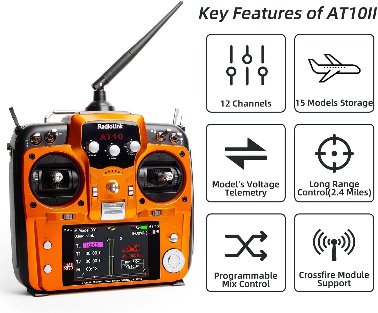 AT10II 12CH 2.4G RC Transmitter and Receiver R12DS for Airplane | Voltage Telemetry Long Range Radio Controller for