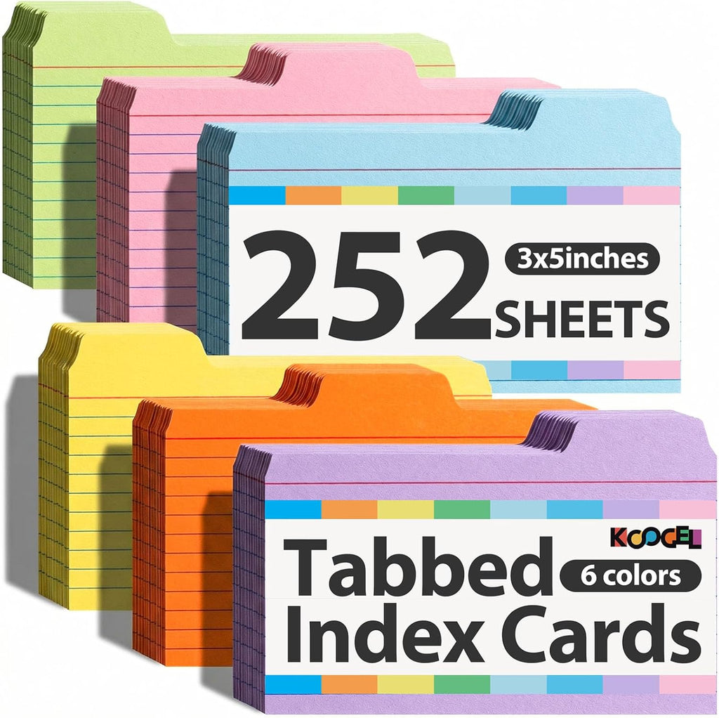 252PCS Index Cards 3x5, Colored Flash Card Dividers with Tabs | 150gsm Paper, 6 Colors, Notecards Memo Scratch Pad
