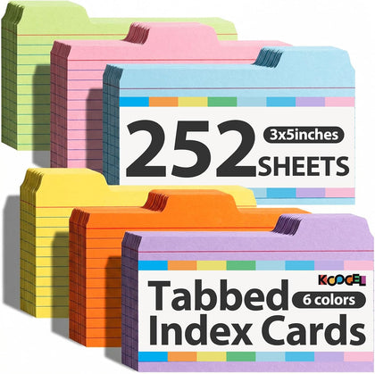 252PCS Index Cards 3x5, Colored Flash Card Dividers with Tabs | 150gsm Paper, 6 Colors, Notecards Memo Scratch Pad