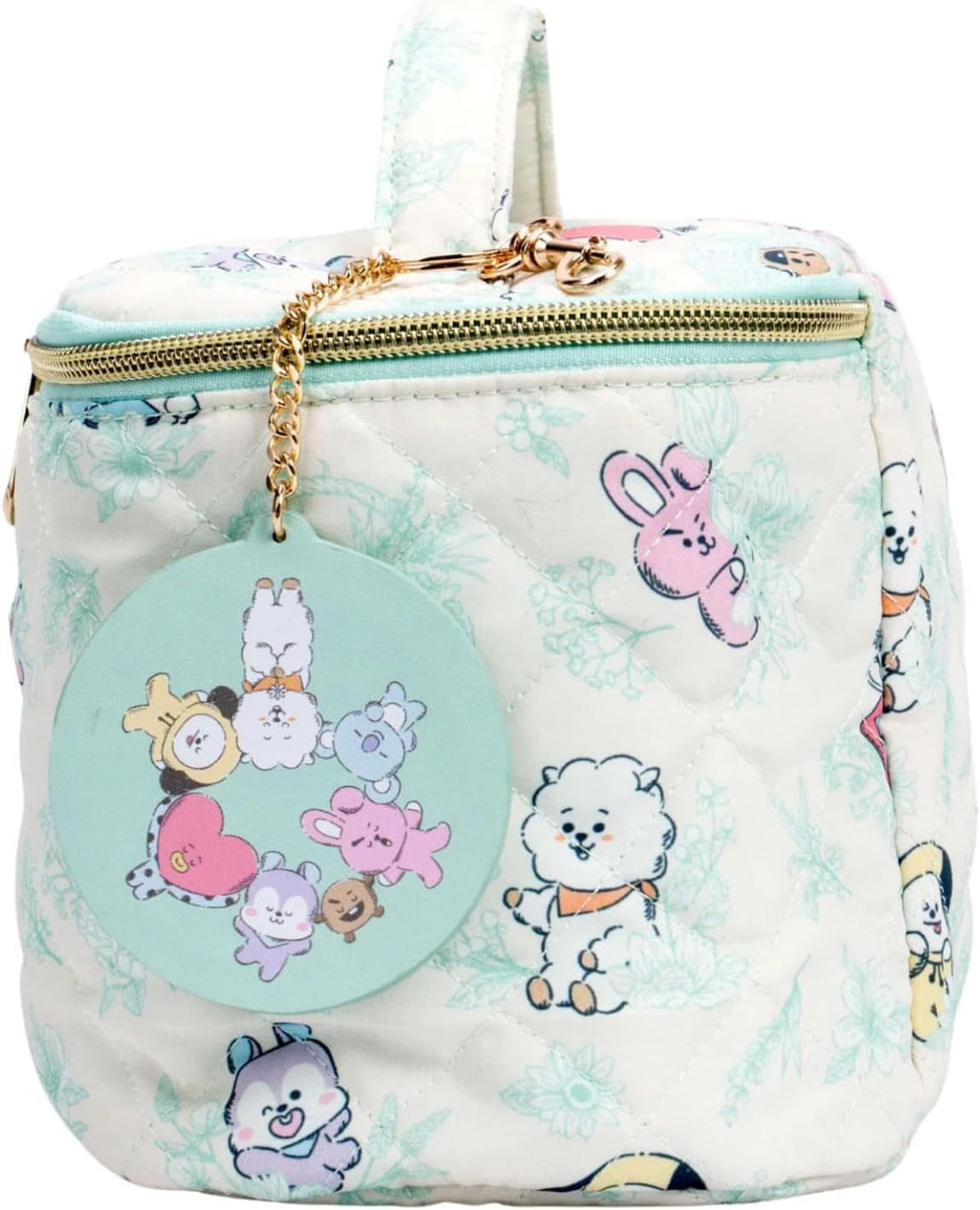 Impressions Vanity BT21 Quilted Train Case with Removable Mirror Keychain, Slip Pocket Makeup Bag Organizer with Top