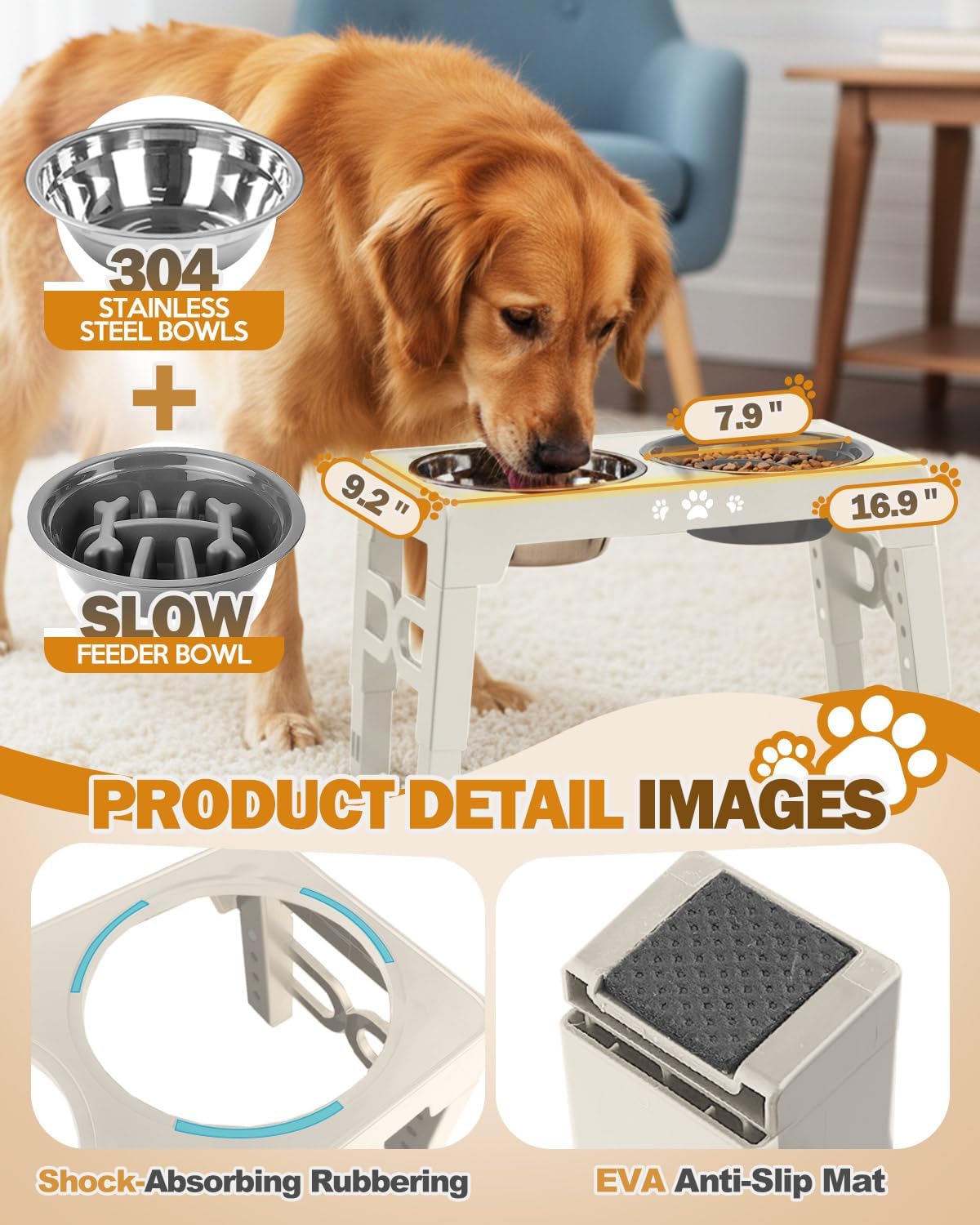 Elevated Dog Bowls for Medium Large Size Dogs, Non-Slip Dog Feeder with 1*Stainless Steel Dishes & 1*Slow Feeder