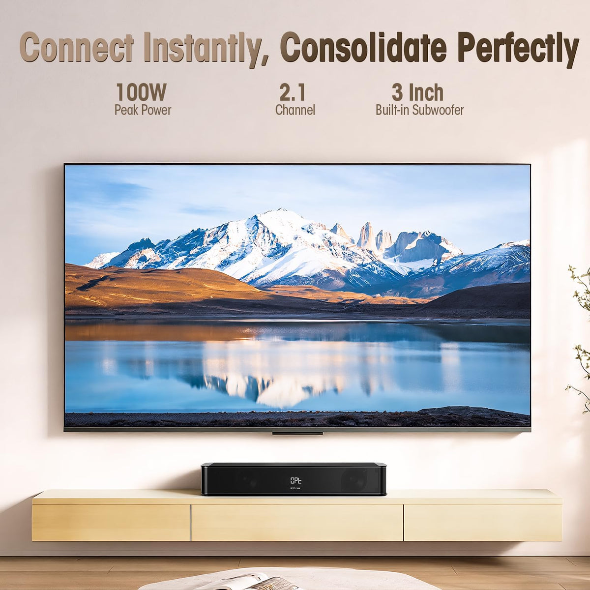 2.1ch Sound Bar with Built-in Subwoofer, 100W Peak Power, HDMI ARC/Opt/AUX/USB/Bluetooth 5.3, 3 EQ Modes & Volume
