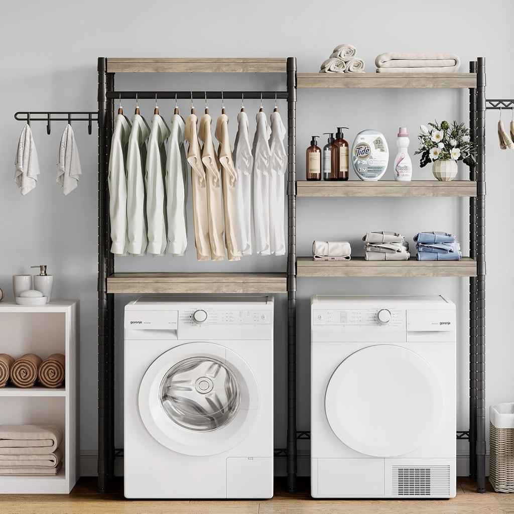 5-Tier Over-The-Washer Storage Shelf - Adjustable Height Laundry Organizer with Double-Layer Wood Shelves