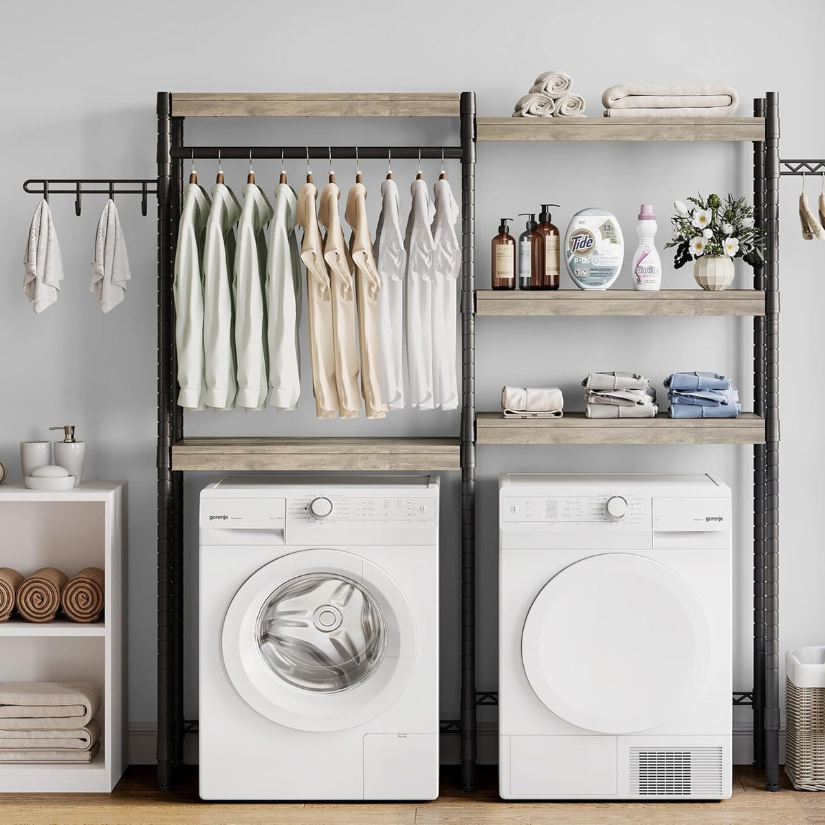5-Tier Over-The-Washer Storage Shelf - Adjustable Height Laundry Organizer with Double-Layer Wood Shelves
