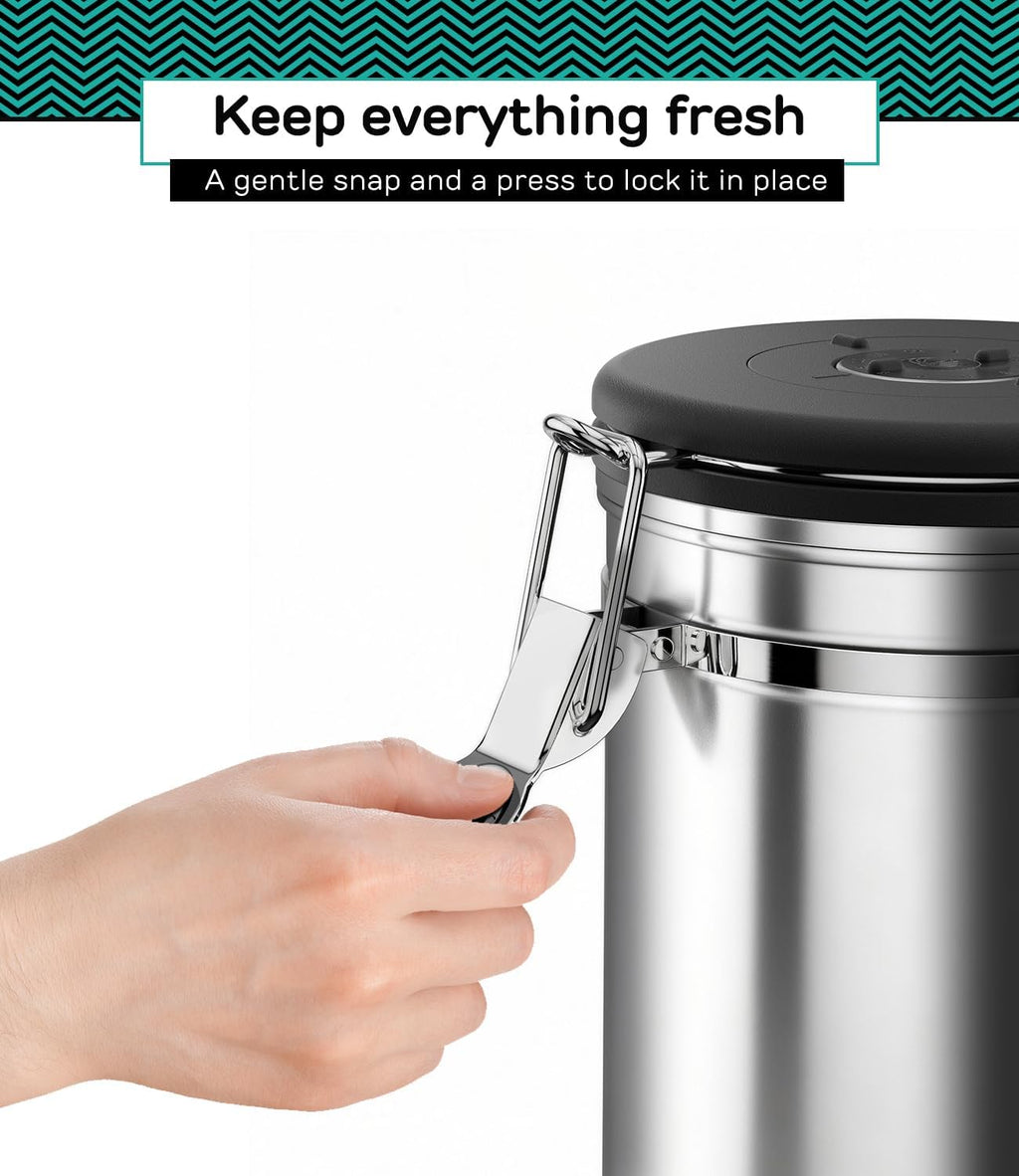 Coffee Canister - 22oz, Airtight Stainless Steel Kitchen Food Storage Container with Date Tracker, Scoop for Grounds