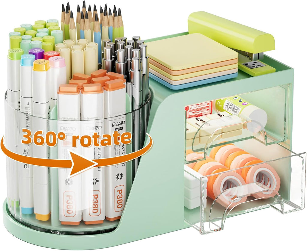 Desk Organizer with 2 Drawer, 360°Rotating Pen Holder, Desk Organizers and Accessories with 6 Slots Pencil Holder + 2