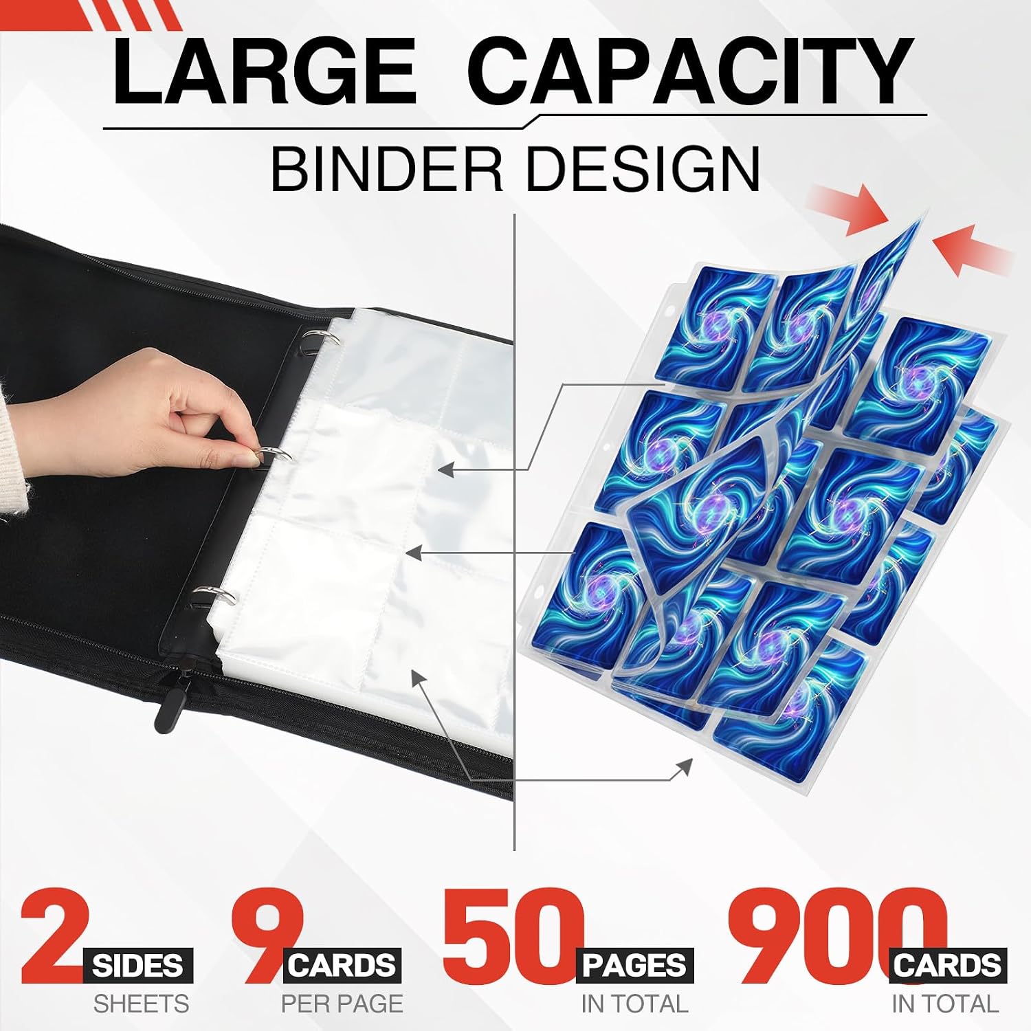 9 Pocket Trading Card Binder, 900 Cards Zip Album, Blue | 50 Pcs Double Sided Sleeves, 3 Rings, Card Collection for