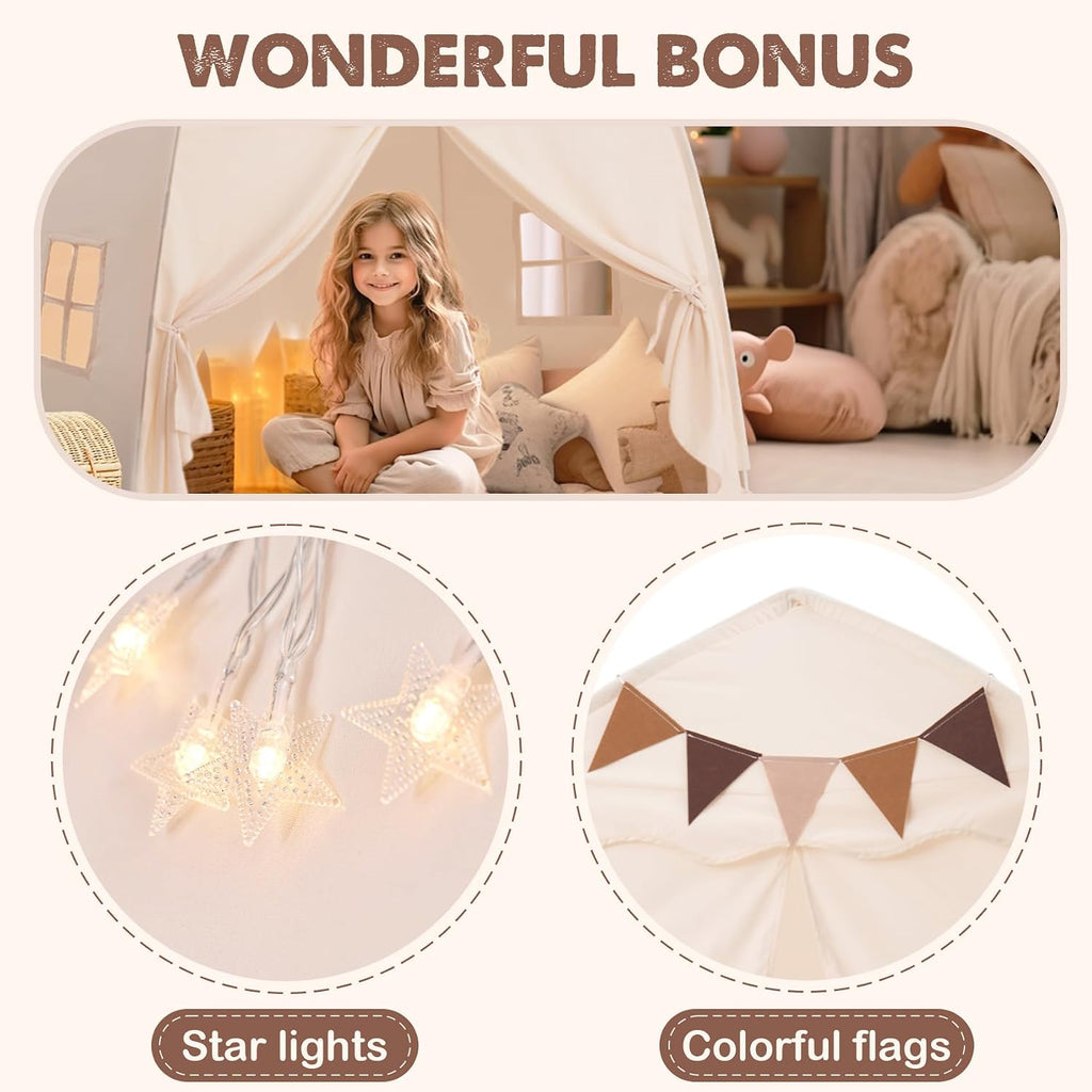 Extra Large Kids Play Tent with Flags & Star Lights, Portable & Foldable Teepee Tents, Dome Tent Playhouse for Indoor