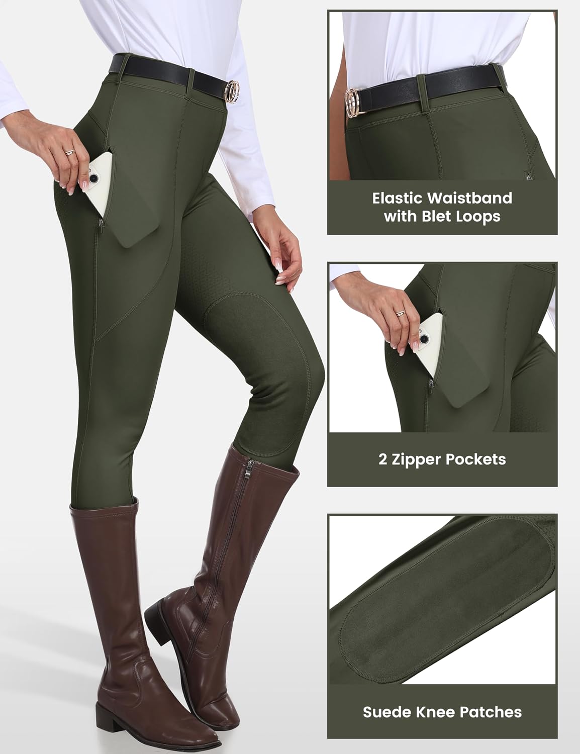 Women's Horse Riding Pants Full Seat Silicon Knee-Patch Equestrian Breeches Horseback Schooling Tights Zipper Pockets