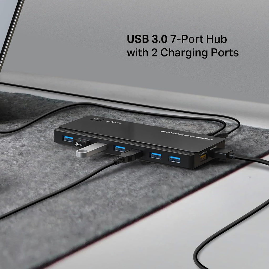 Powered USB Hub 3.0 with 7 USB 3.0 Data Ports and 2 Smart Charging USB Ports. Compatible with Windows, Mac, Chrome &