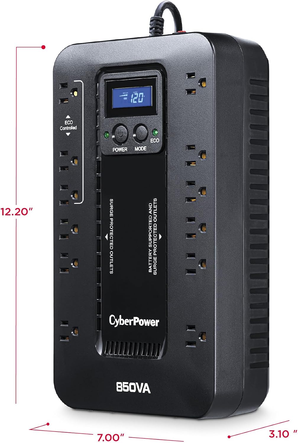 EC850LCD Ecologic UPS Battery Backup and Surge Protector | 850VA/510W, 12 Outlets, ECO Mode, Compact, UL Certified