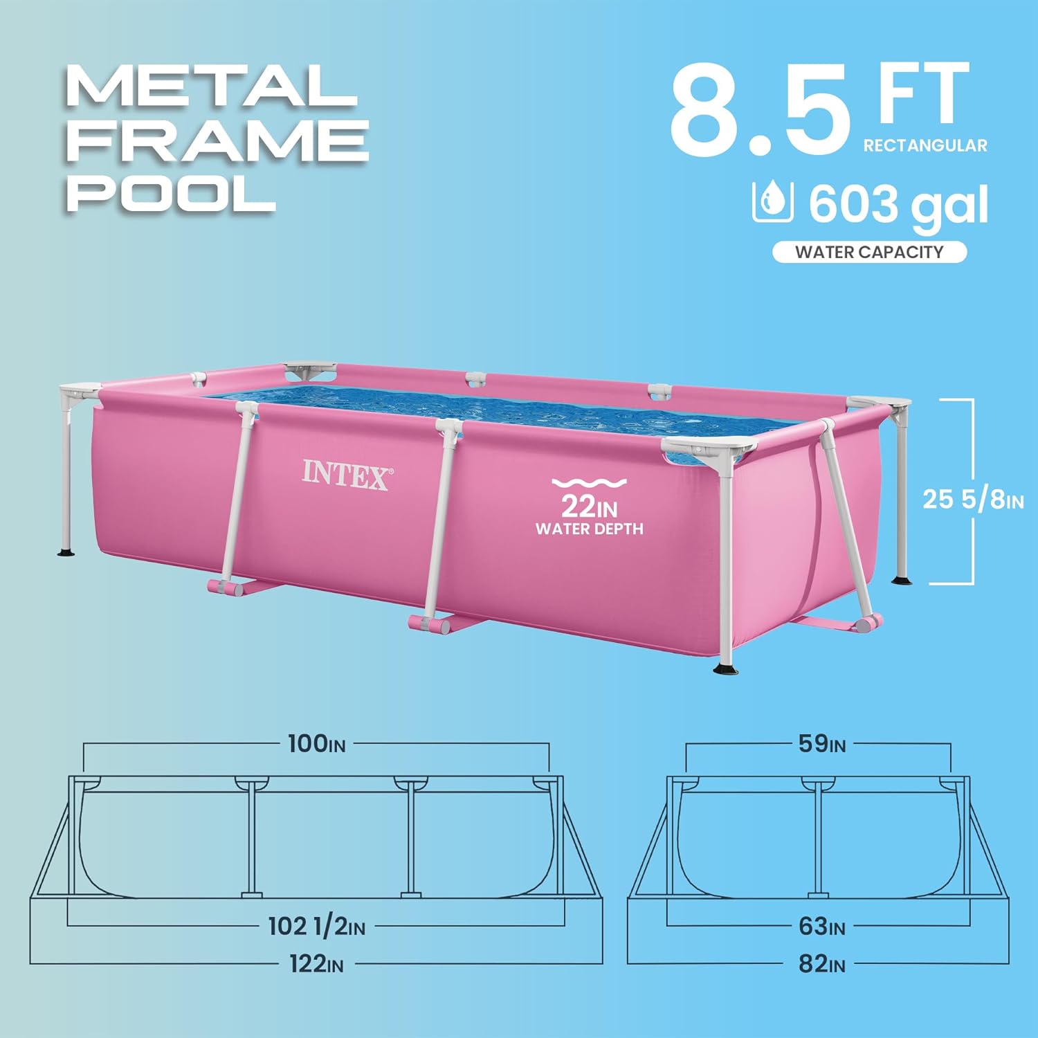Rectangular Frame 8 ft 6 in x 5 ft 4 in x 26 in Above Ground Pool, Swimming Pool with Steel Frame, Pink - Pump Not