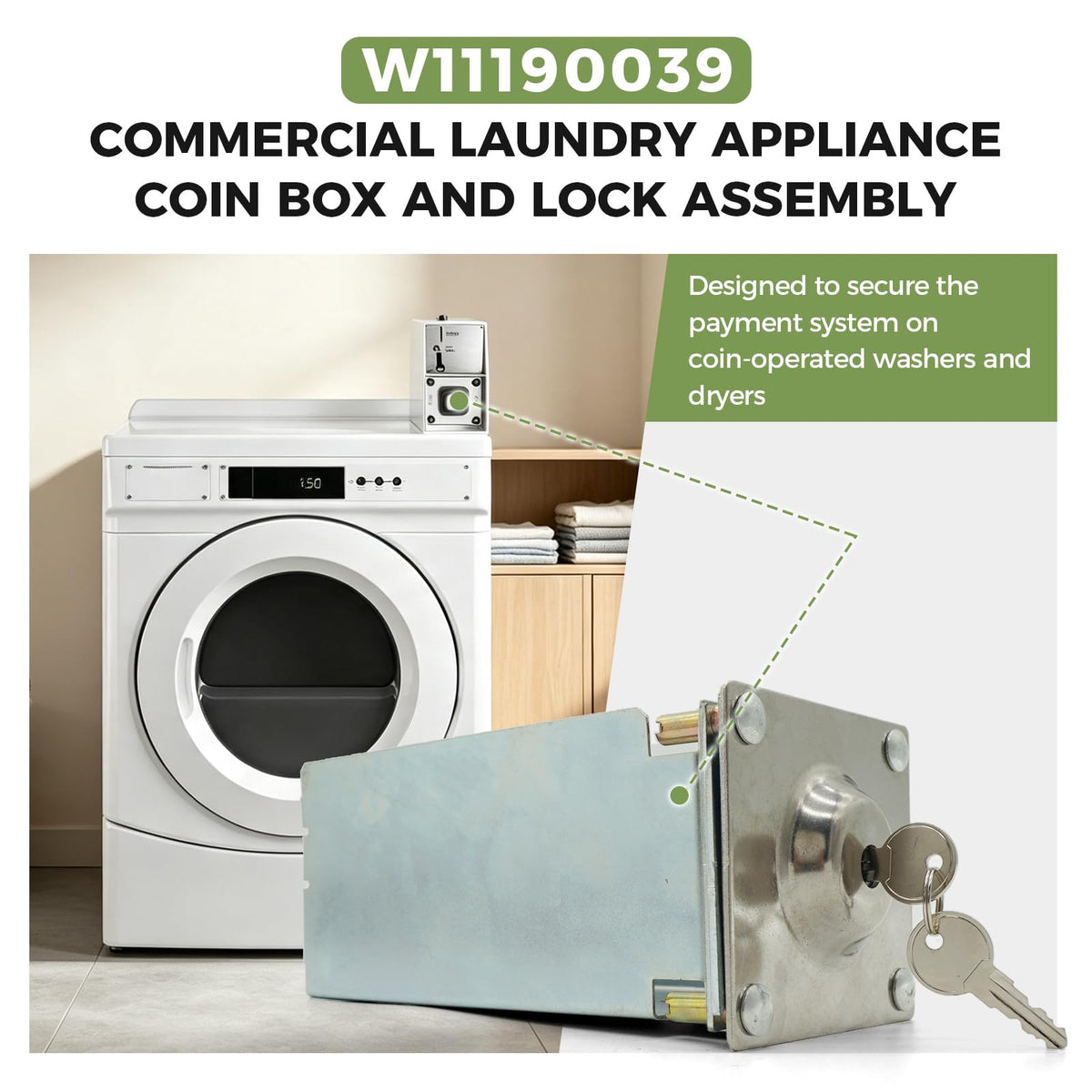 W11190039 Coin Box Lock for Whirlpool Commercial Laundry Washers, 2 Keys