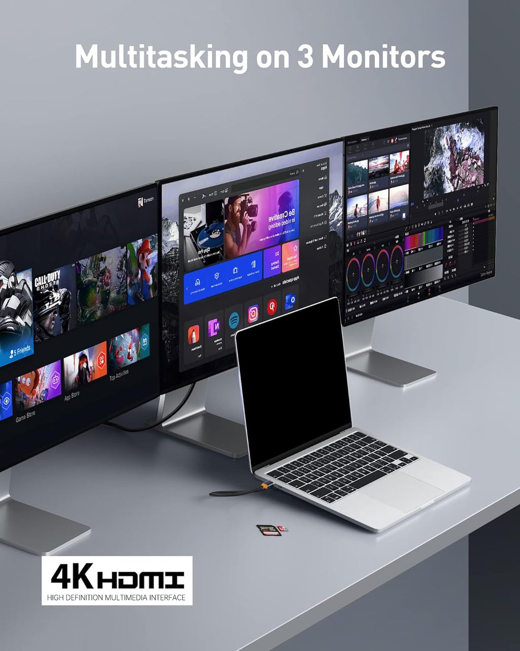Laptop Docking Station, 4K Multitasking Docking Station with 2 HDMI+DP, PD, 3 USB-A, RJ45, Audio, TF/SD Card Reader